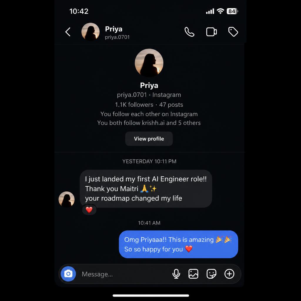 Instagram DM — landed first AI Engineer role