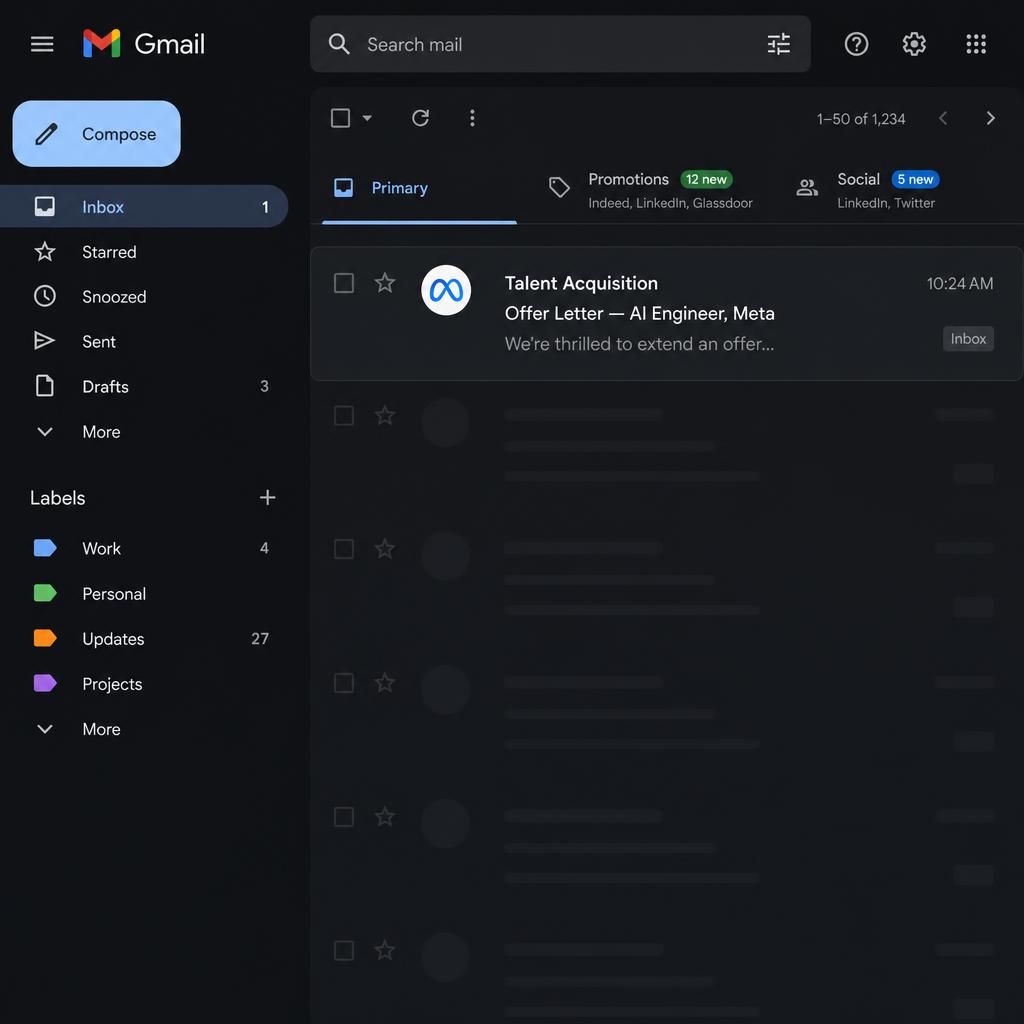 Gmail inbox — Meta AI Engineer offer letter
